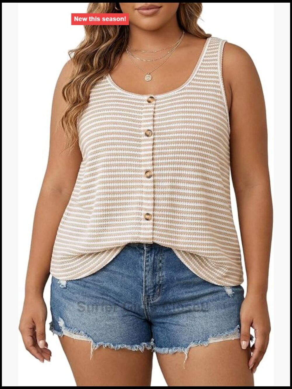 Womens Plus Size Striped Button Up Vest Scoop Neck Waffle Knit Tank Top